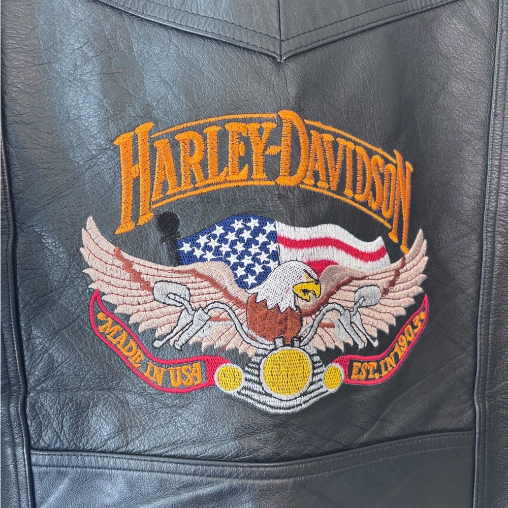 Harley-Davidson Embroidered Eagle Lace Up Black Leather Motorcycle Biker Vest XL - Picture 6 of 6